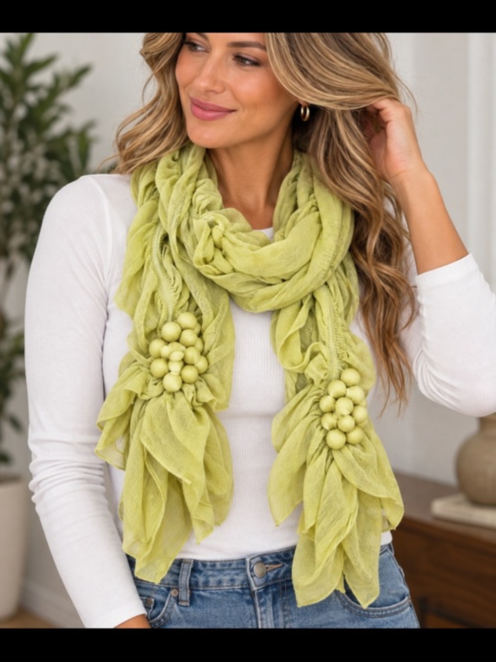 Chico’s Lime Green Pom Pom Ruffle Lightweight Scarf Wrap